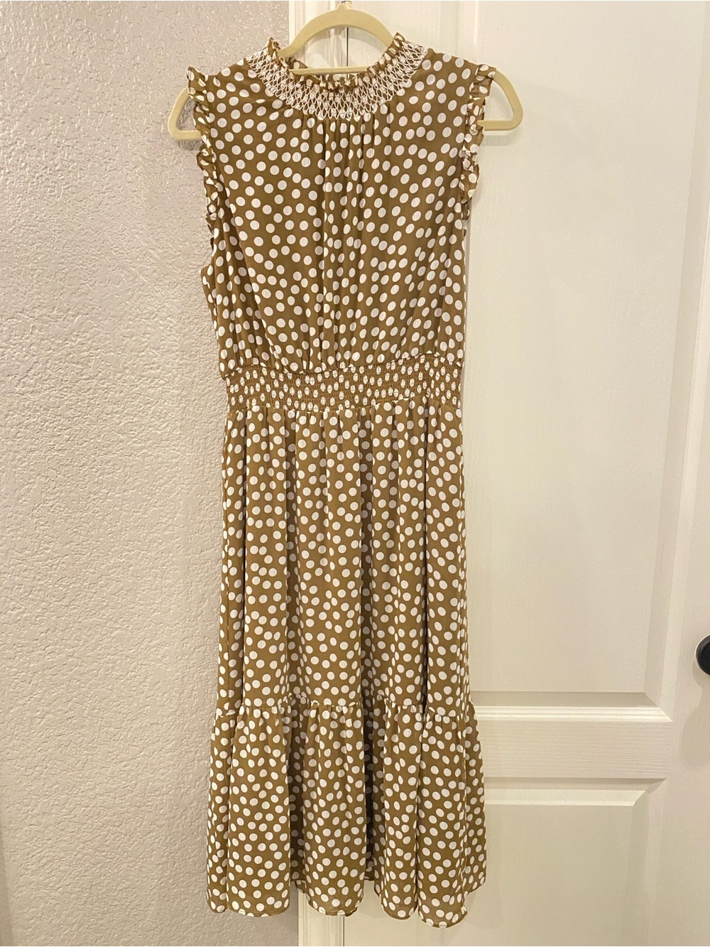 J.Crew Smocked Waist Polka Dot Ruffle Midi Dress Bronzed Ochre Brown